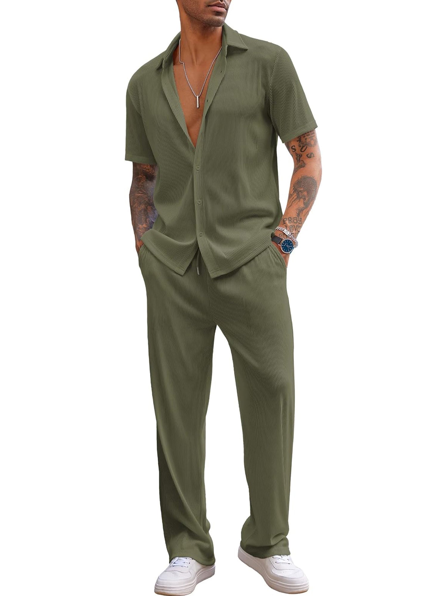 COOFANDY Men's 2 Piece Outfit Casual Short Sleeve Button Down Shirt Beach Summer Loose Pant Sets
