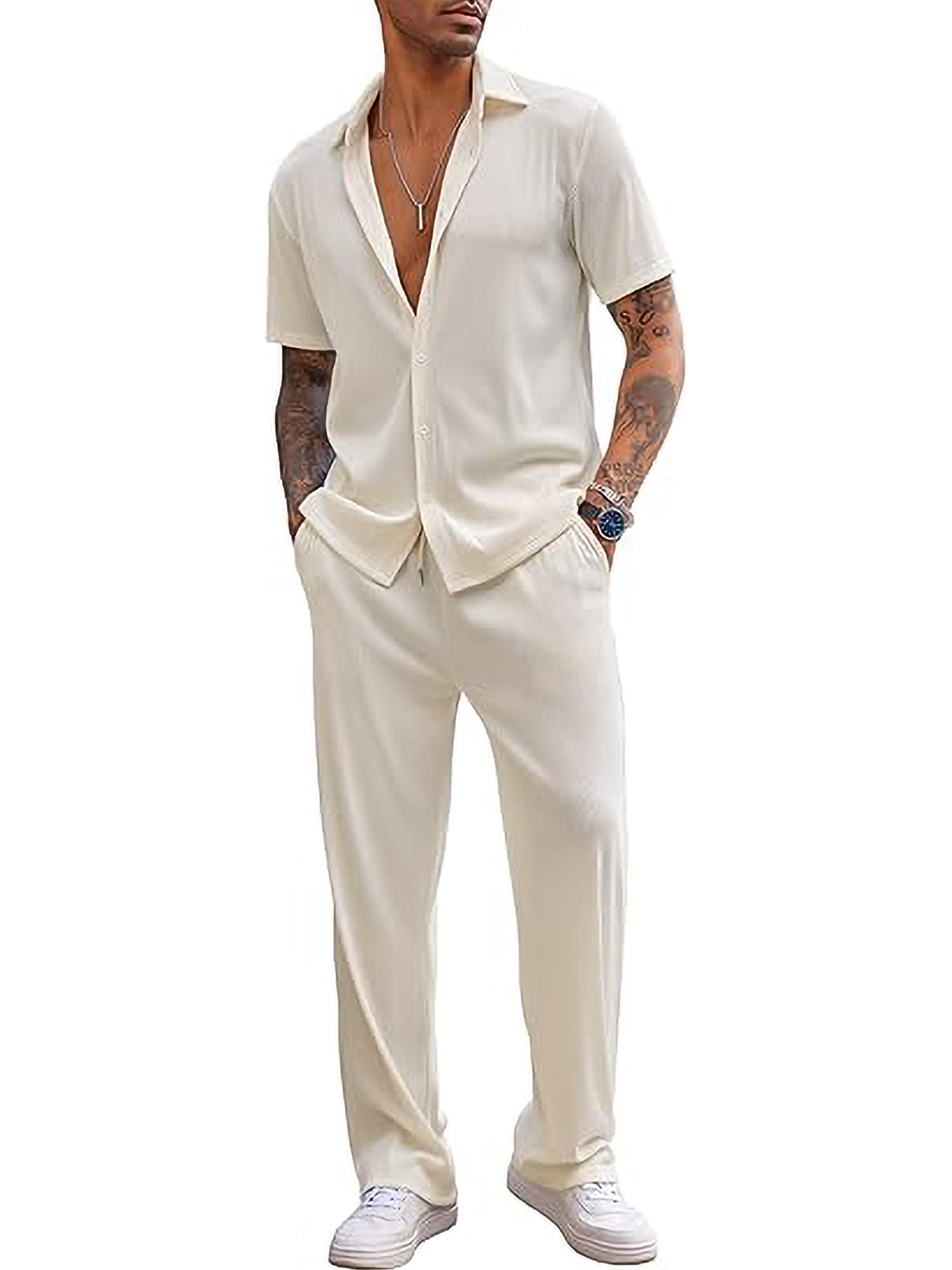 COOFANDY Men's 2 Piece Outfit Casual Short Sleeve Button Down Shirt Beach Summer Loose Pant Sets