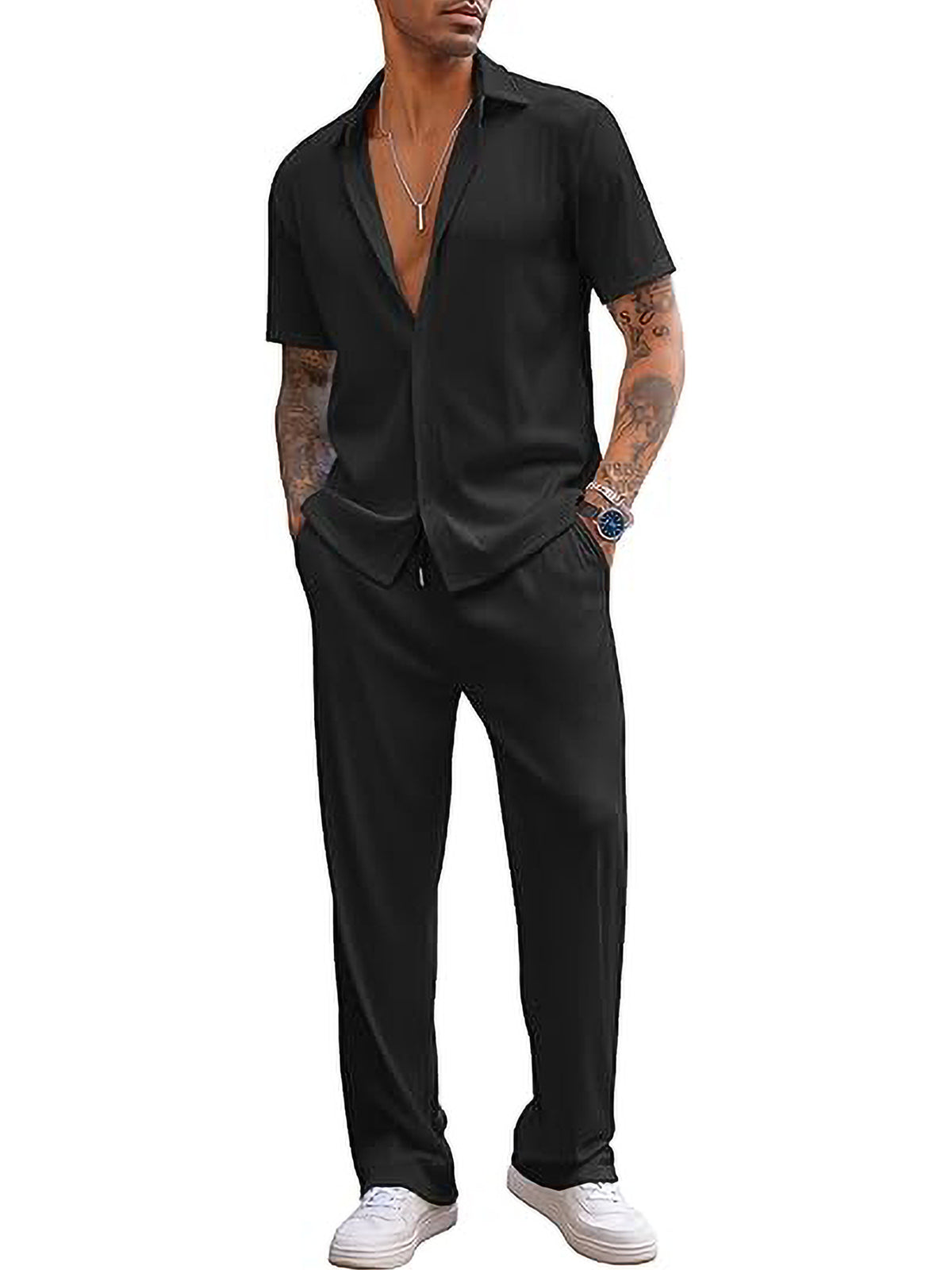 COOFANDY Men's 2 Piece Outfit Casual Short Sleeve Button Down Shirt Beach Summer Loose Pant Sets