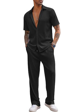 COOFANDY Men's 2 Piece Outfit Casual Short Sleeve Button Down Shirt Beach Summer Loose Pant Sets