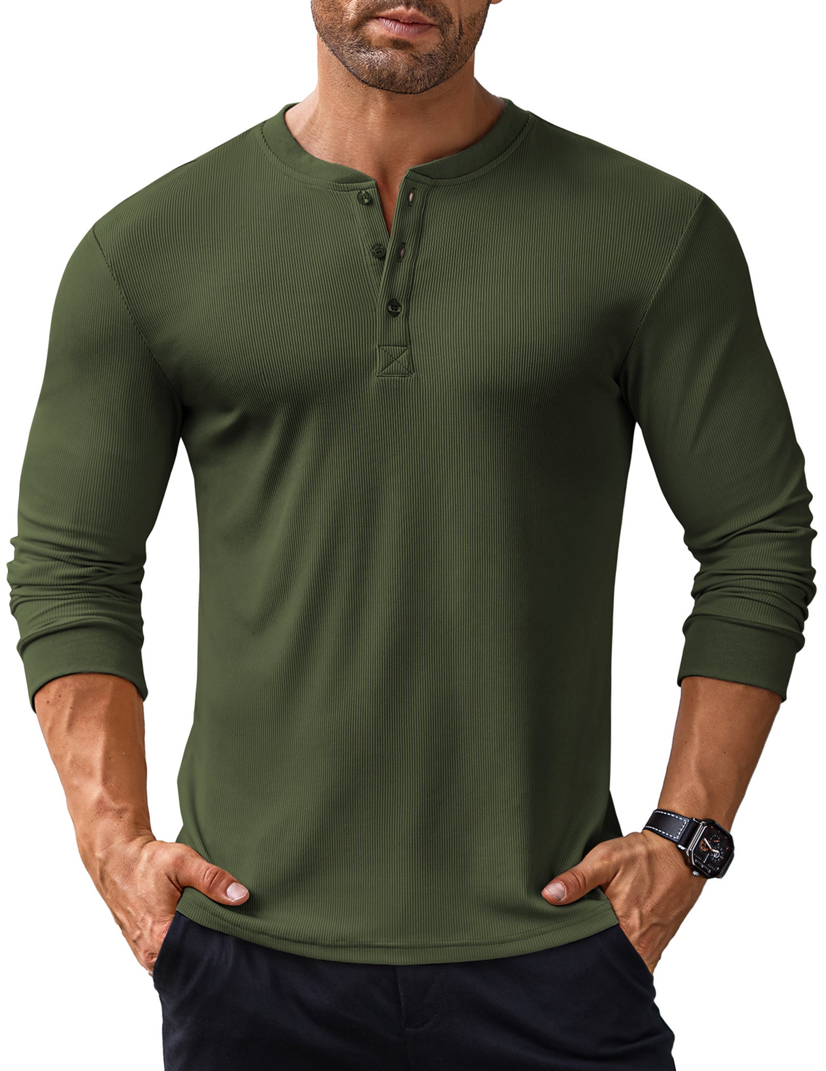 COOFANDY Men's Long Sleeve Henley Shirts Stretch Ribbed T-Shirts Fashion Casual Basic Tops