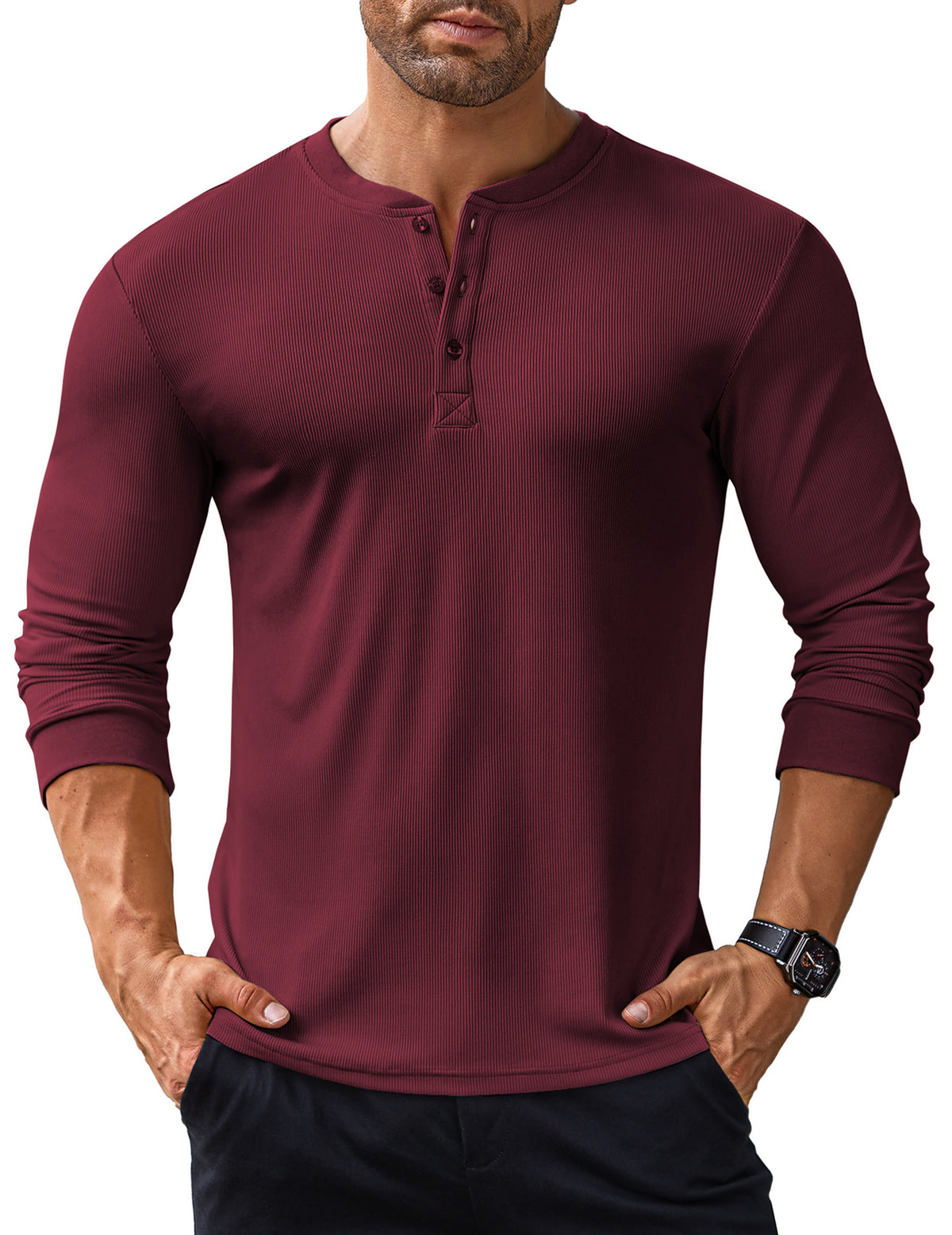 COOFANDY Men's Long Sleeve Henley Shirts Stretch Ribbed T-Shirts Fashion Casual Basic Tops
