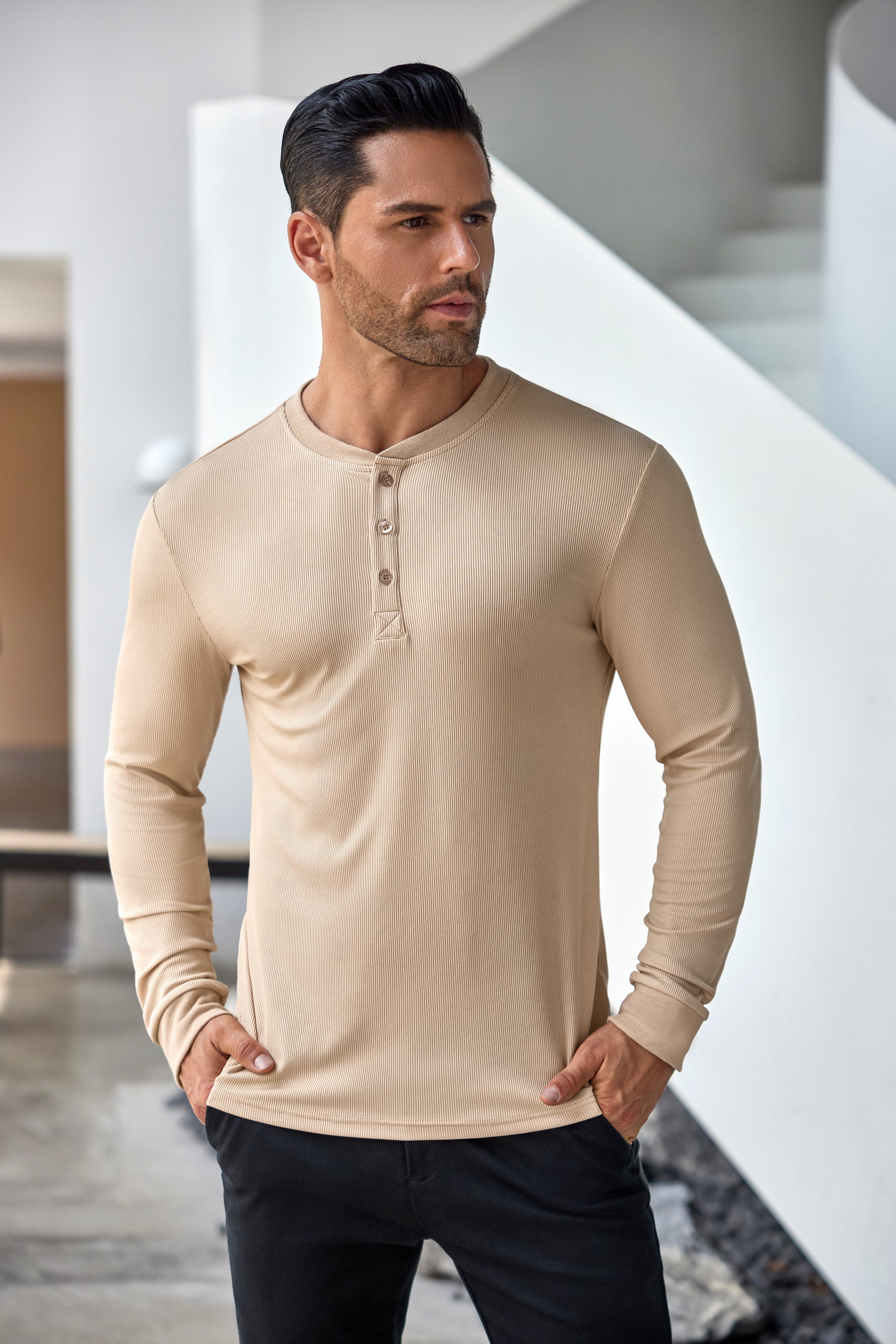 COOFANDY Men's Long Sleeve Henley Shirts Stretch Ribbed T-Shirts Fashion Casual Basic Tops