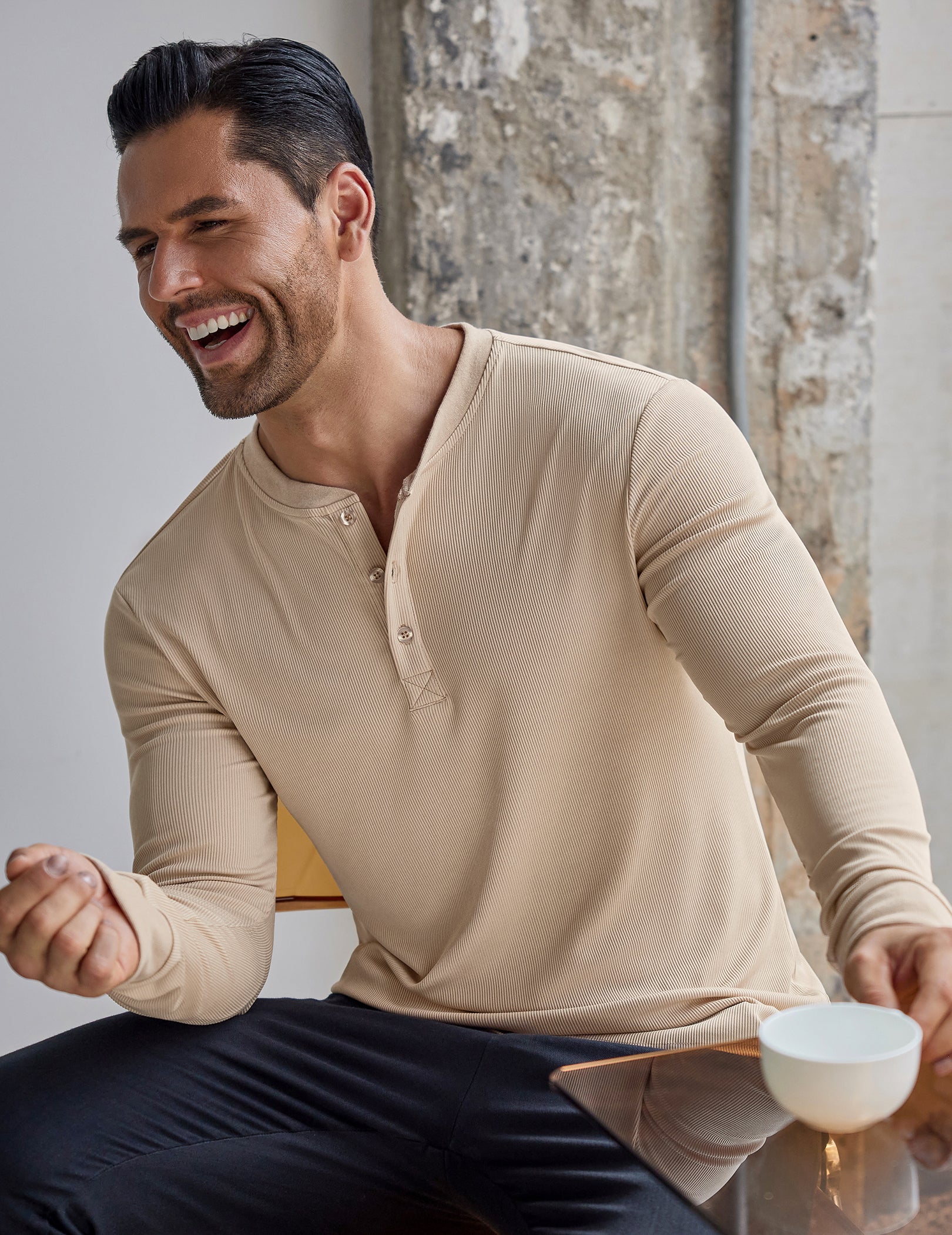COOFANDY Men's Long Sleeve Henley Shirts Stretch Ribbed T-Shirts Fashion Casual Basic Tops