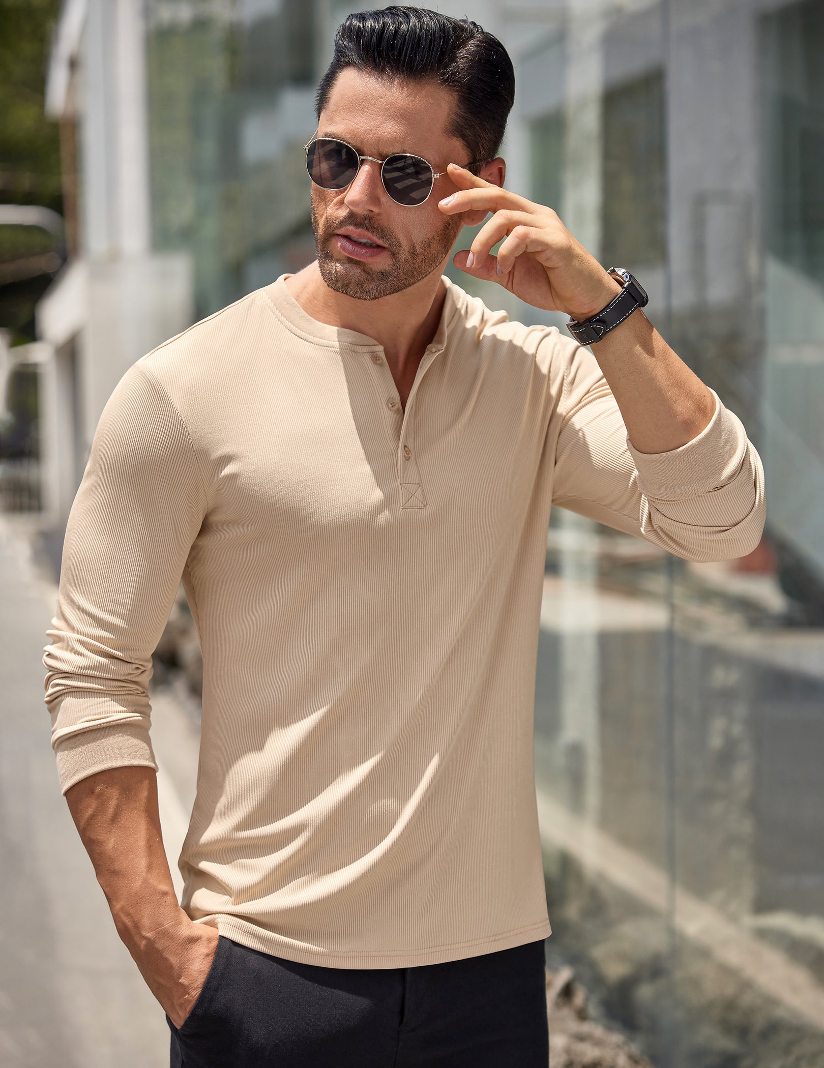 COOFANDY Men's Long Sleeve Henley Shirts Stretch Ribbed T-Shirts Fashion Casual Basic Tops