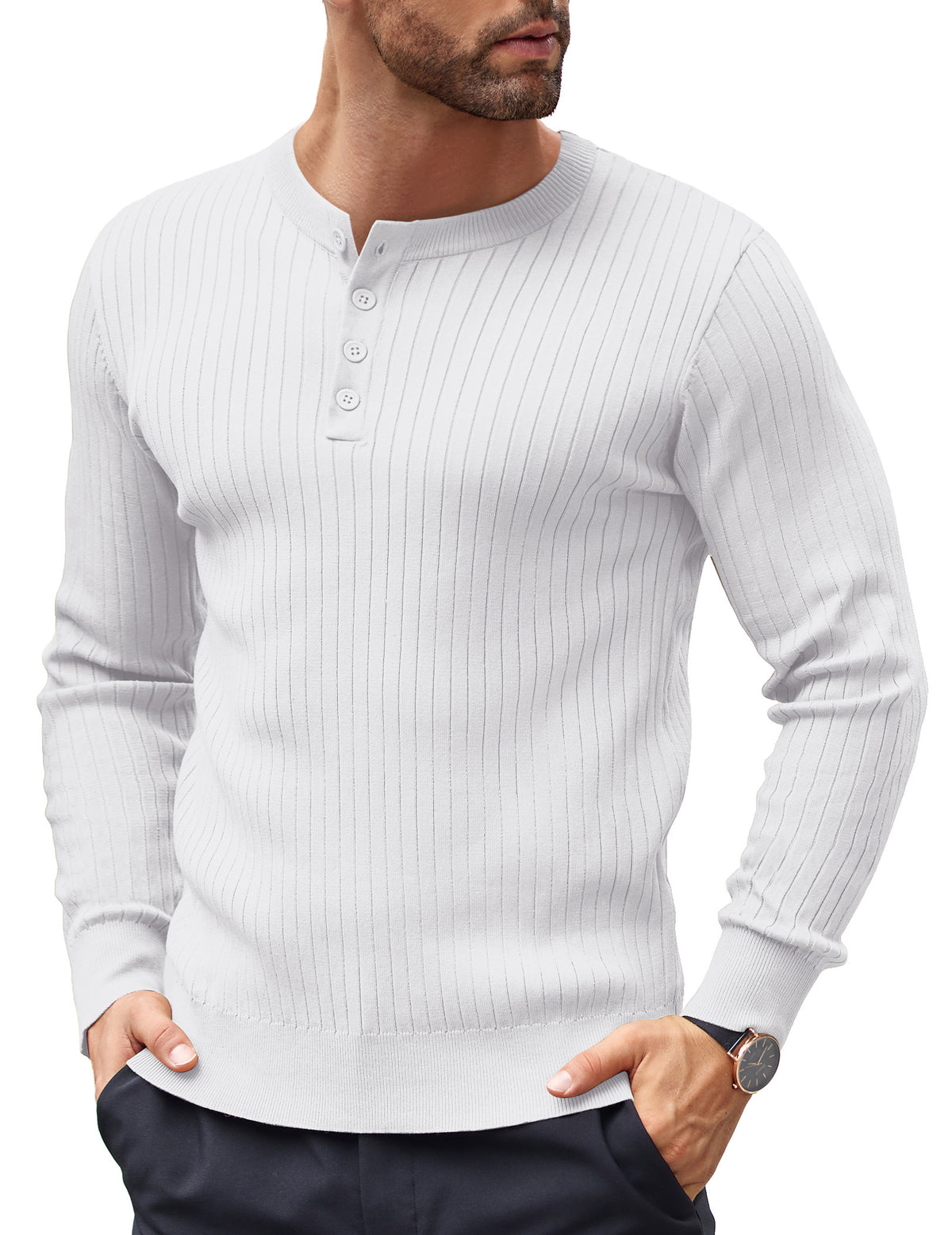 COOFANDY Mens Knit Henley Sweater Long Sleeve Button Down Lightweight Sweater Fall Slim Fit Ribbed Pullover