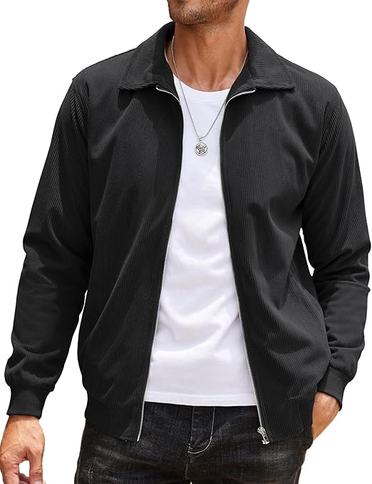 COOFANDY Men's Casual Corduroy Jacket Lightweight Zip Up Vintage Jacket Collared Bomber Jacket