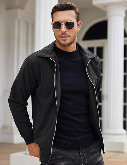 COOFANDY Men's Casual Corduroy Jacket Lightweight Zip Up Vintage Jacket Collared Bomber Jacket