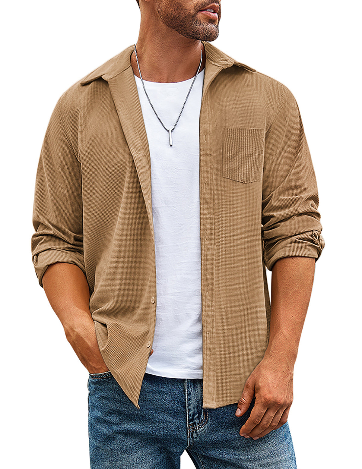 COOFANDY Men's Waffle Button Down Shirts Casual Long Sleeve Shacket Jacket with Pockets
