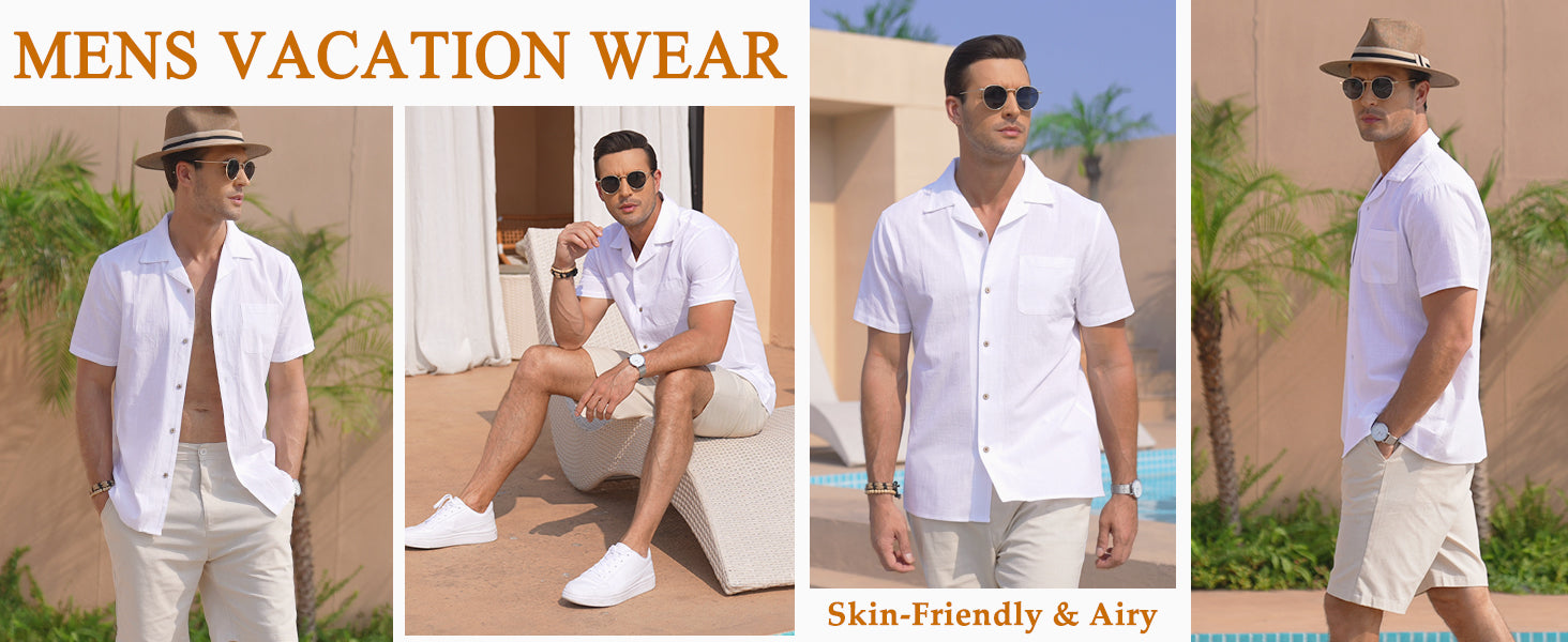 COOFANDY Mens Casual Cotton Linen Shirt Short Sleeve Button Up Shirts Summer Beach Top