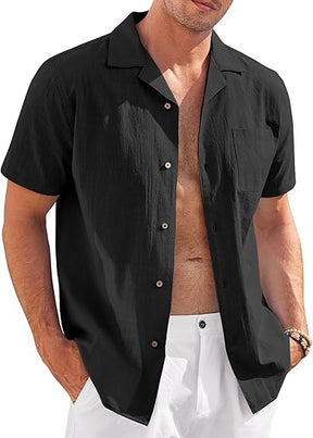 COOFANDY Mens Casual Cotton Linen Shirt Short Sleeve Button Up Shirts Summer Beach Top
