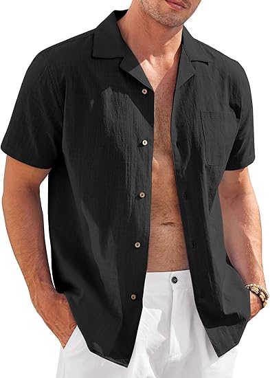 COOFANDY Mens Casual Cotton Linen Shirt Short Sleeve Button Up Shirts Summer Beach Top