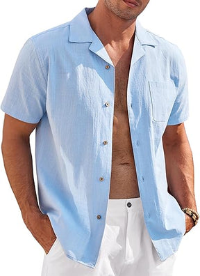 COOFANDY Mens Casual Cotton Linen Shirt Short Sleeve Button Up Shirts Summer Beach Top