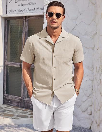 COOFANDY Mens Casual Cotton Linen Shirt Short Sleeve Button Up Shirts Summer Beach Top