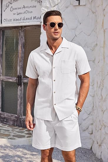 COOFANDY Mens Casual Cotton Linen Shirt Short Sleeve Button Up Shirts Summer Beach Top