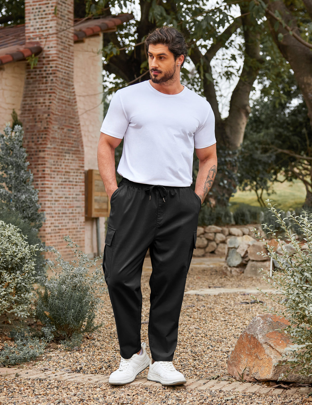 COOFANDY Mens Cargo Pants Relaxed Fit Casual Linen Pants Drawstring Sweatpants with 6 Pockets