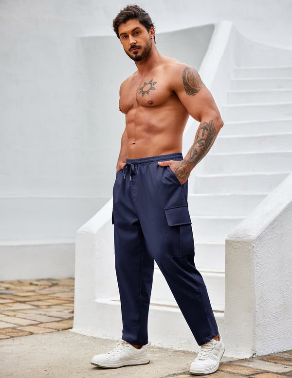 COOFANDY Mens Cargo Pants Relaxed Fit Casual Linen Pants Drawstring Sweatpants with 6 Pockets