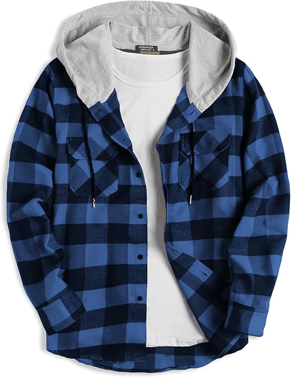 COOFANDY Men's Plaid Hoodie Flannel Shirt Jacket Long Sleeve Casual Fashion Button Shirts