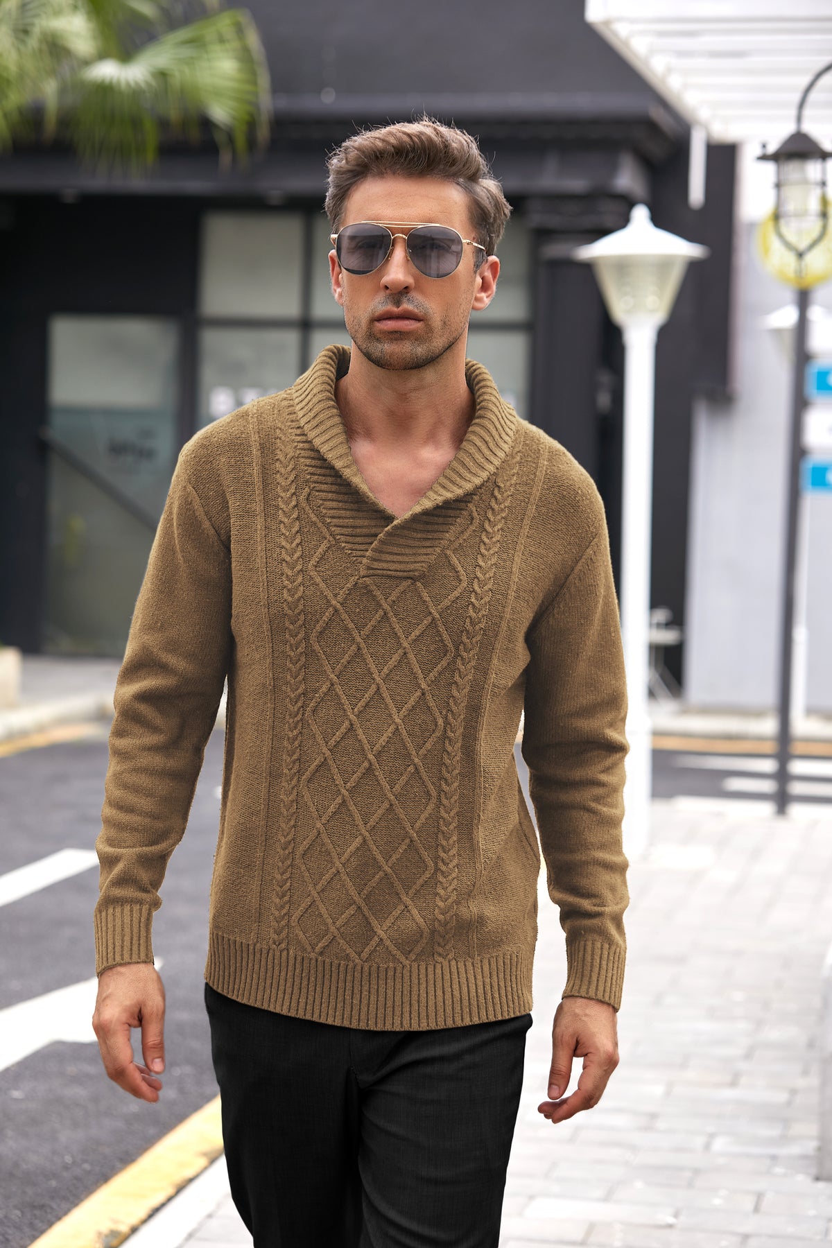 COOFANDY Men's Shawl Collar Sweaters V-Neck Relaxed Fit Cable Pullovers