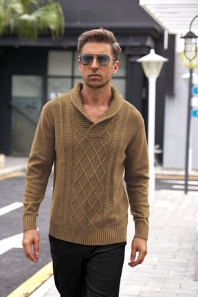 COOFANDY Men's Shawl Collar Sweaters V-Neck Relaxed Fit Cable Pullovers