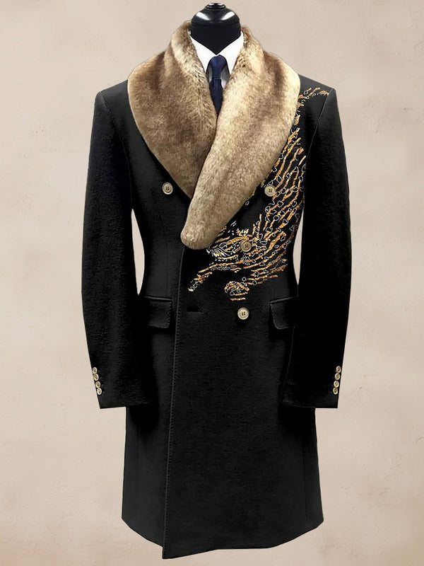 Comfy Embroidered Fur Collar Coat