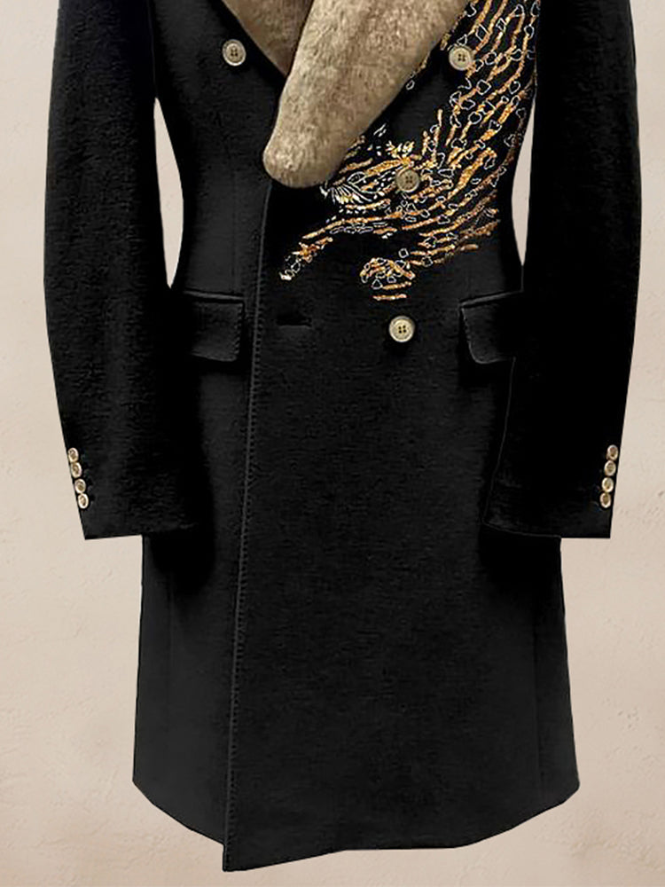 Comfy Embroidered Fur Collar Coat
