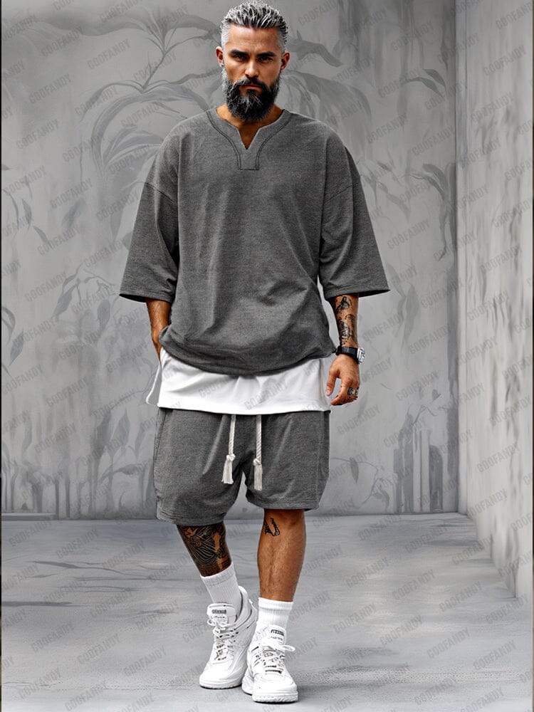 Fake Two-Piece T-shirt Shorts Set Sets coofandy Dark Grey M 