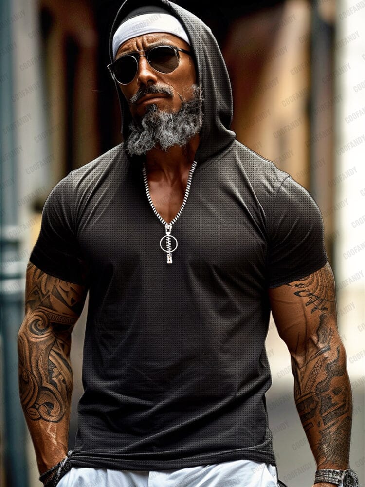 Stylish Plaid Texture Hooded Top T-Shirt coofandy Black M 