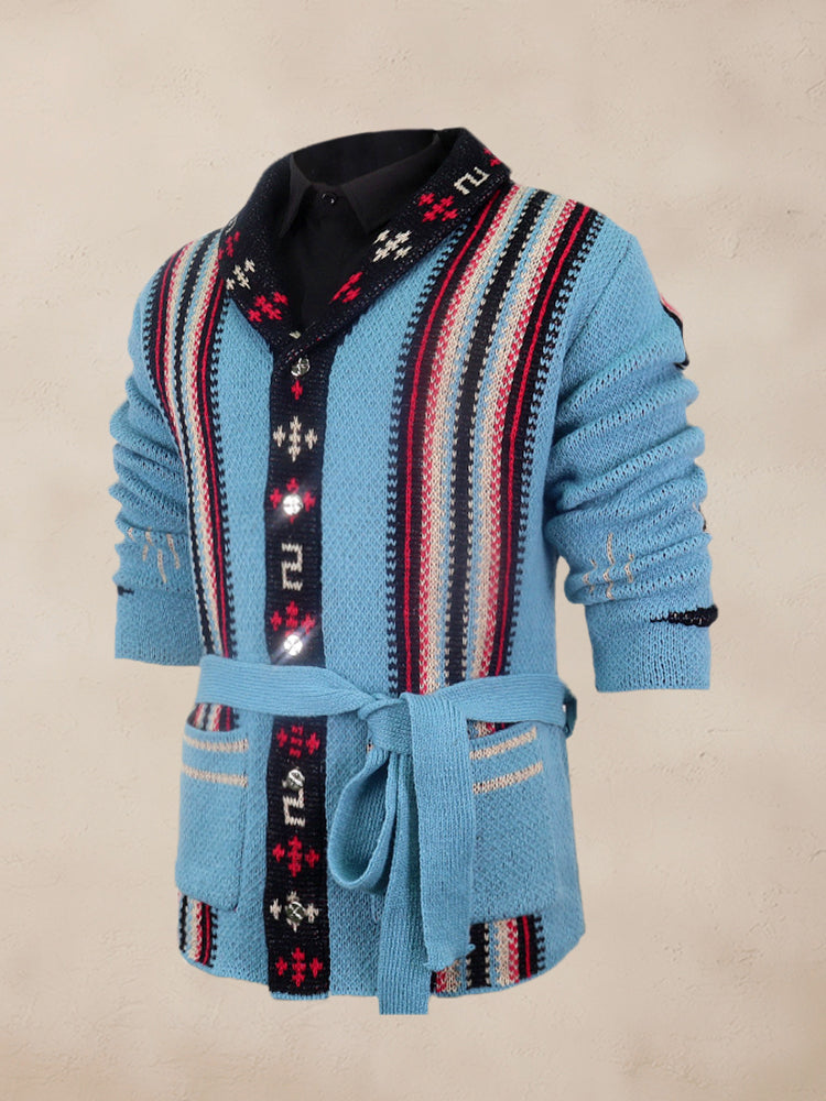 Stripe Jacquard Knit Cardigan with Belt