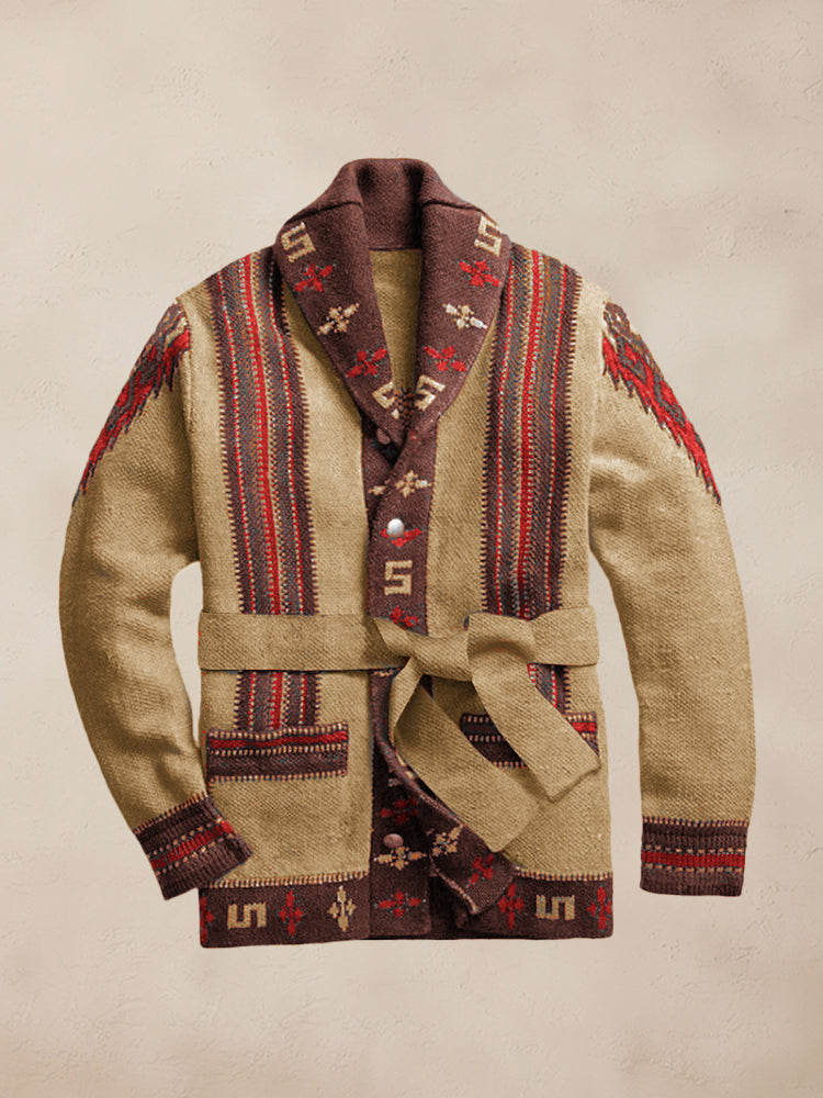 Vintage Jacquard Belted Sweater Coat