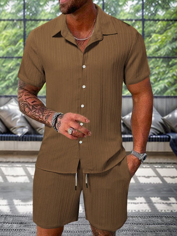 Leisure Textured Shirt Set Sets coofandy Brown S 