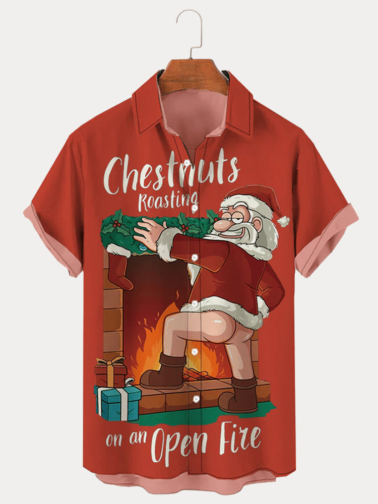Funny Christmas Print Cotton Linen Shirt