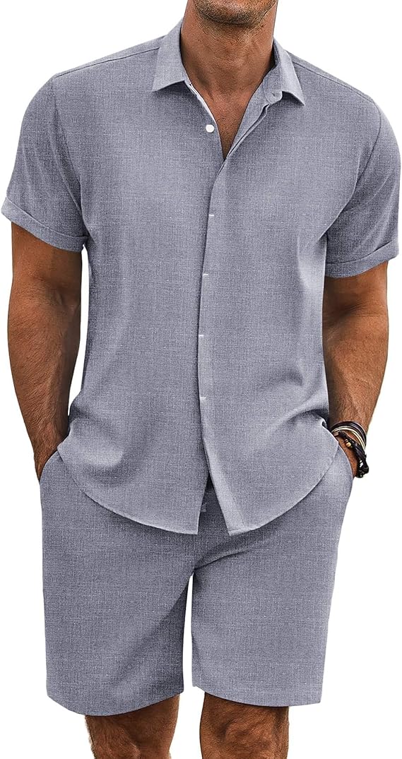 COOFANDY Men's Summer Beach Outfits 2 Piece Short Sleeve Shirts and Shorts Vacation Texture Linen Sets for Men