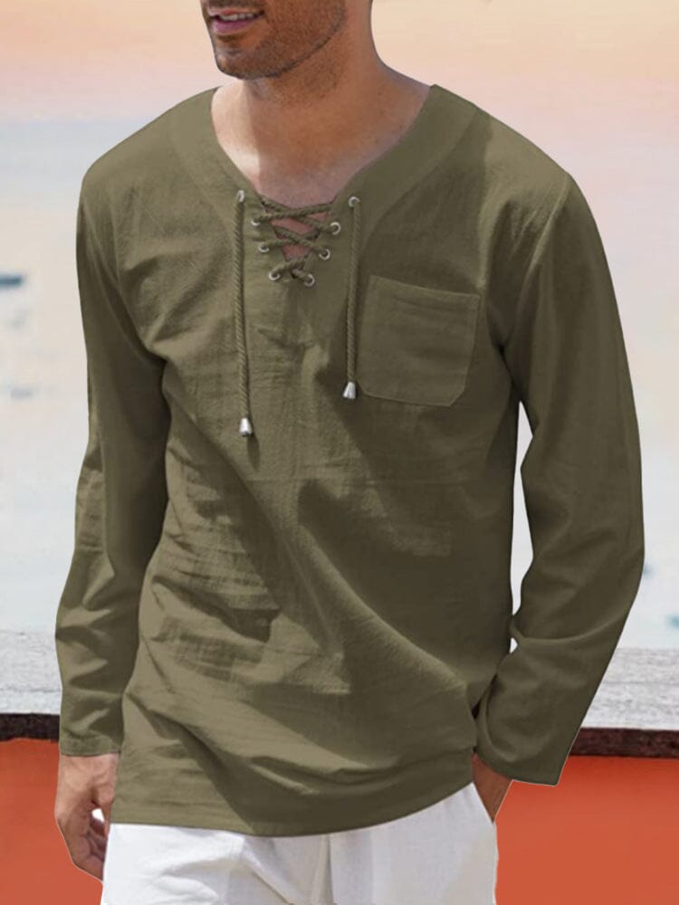 v neck cotton style shirt with pocket Shirts coofandy Army Green S 