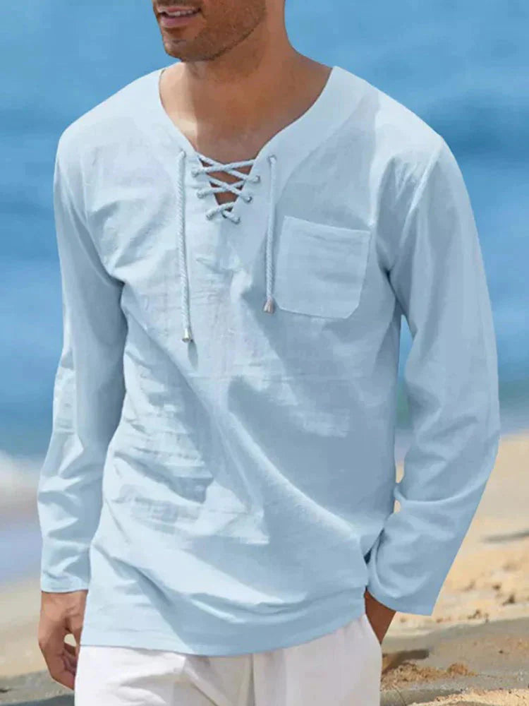 v neck cotton style shirt with pocket coofandy Light Blue S 