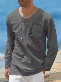 v neck cotton style shirt with pocket coofandy Dark Grey S 