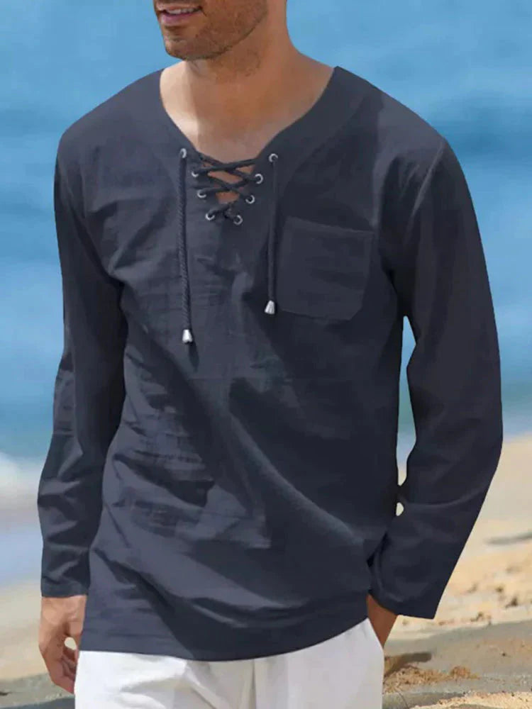 v neck cotton style shirt with pocket coofandy Navy Blue S 