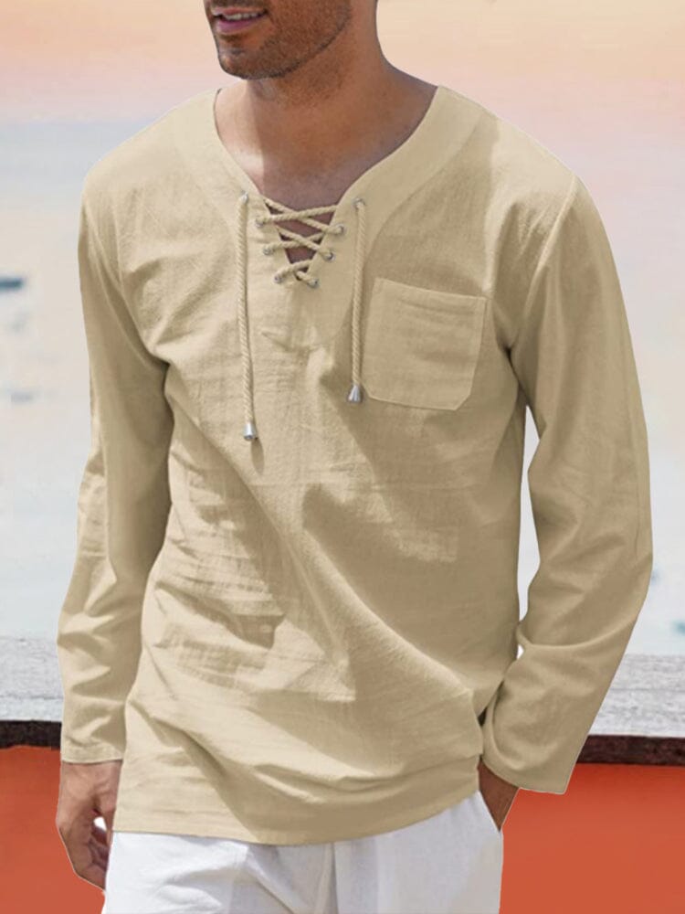 v neck cotton style shirt with pocket Shirts coofandy Khaki S 