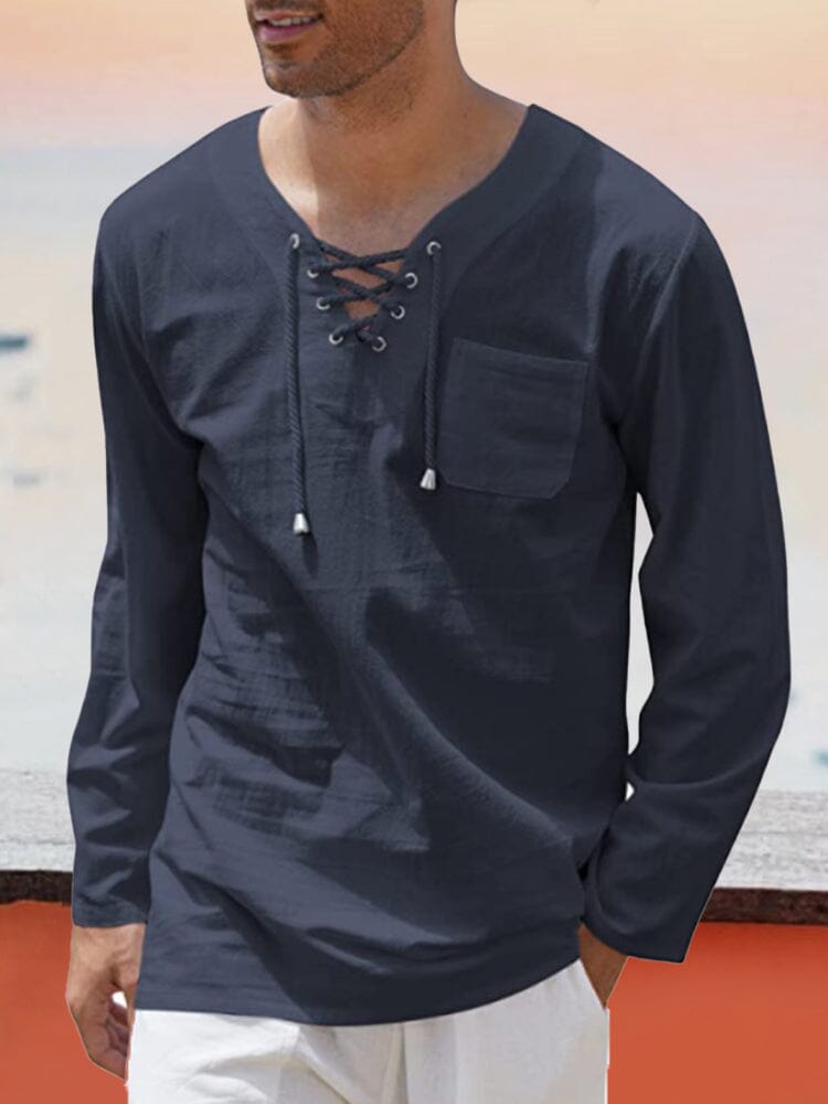 v neck cotton style shirt with pocket Shirts coofandy Navy Blue S 
