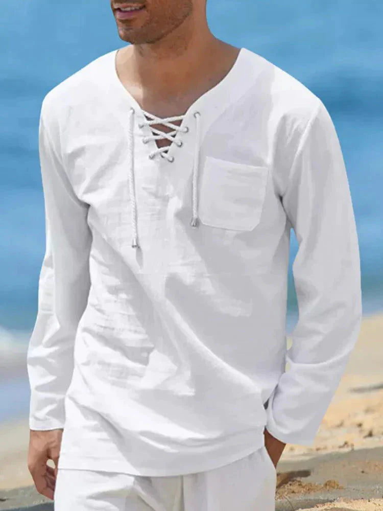 v neck cotton style shirt with pocket coofandy White S 