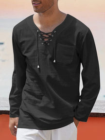 v neck cotton style shirt with pocket Shirts coofandy Black S 