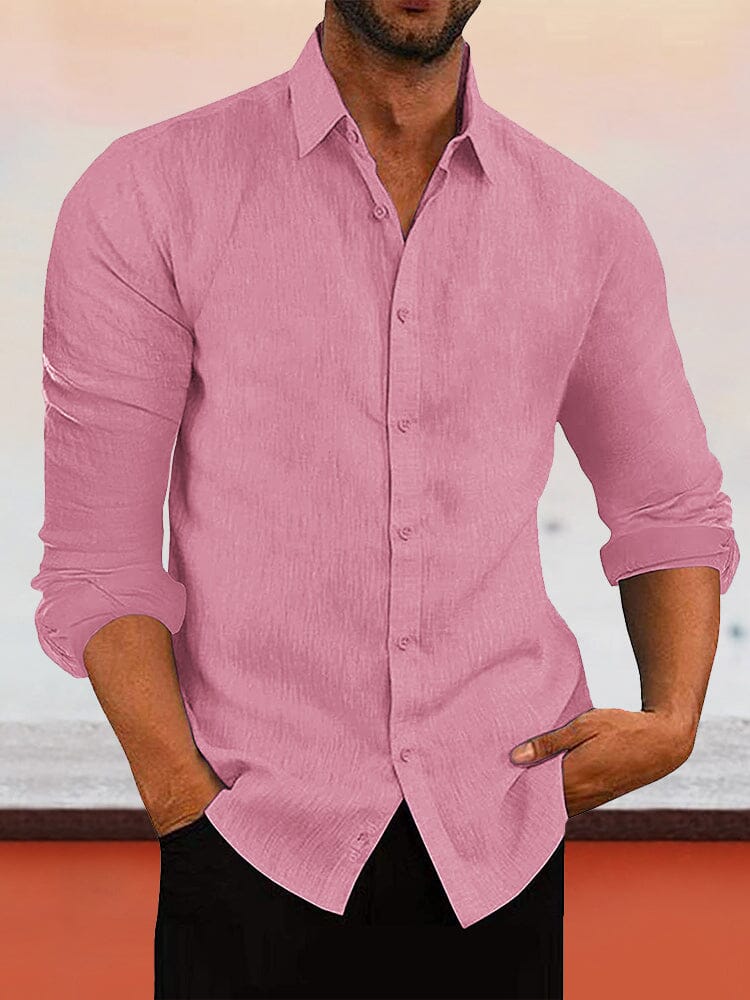 Casual Linen Style Button Long Sleeves shirt Shirts coofandystore Pink M 