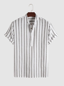 Coofandy Linen Striped Short Sleeve Shirt coofandystore White M 