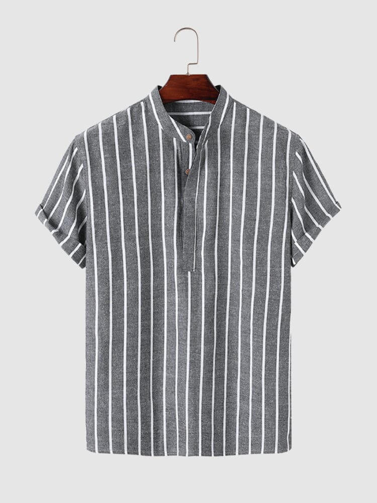 Coofandy Linen Striped Short Sleeve Shirt coofandystore Black M 