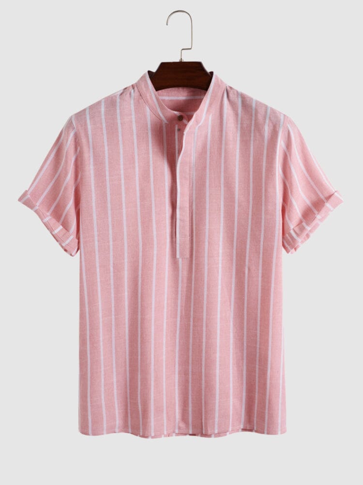 Coofandy Linen Striped Short Sleeve Shirt coofandystore Pink M 