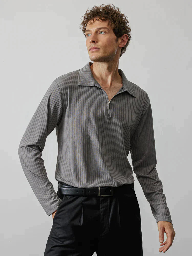 Coofandy Zipper Stripe Long Sleeve Polo Shirt