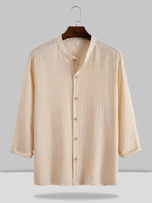 solid color linen style long sleeve shirt coofandystore Khaki S 
