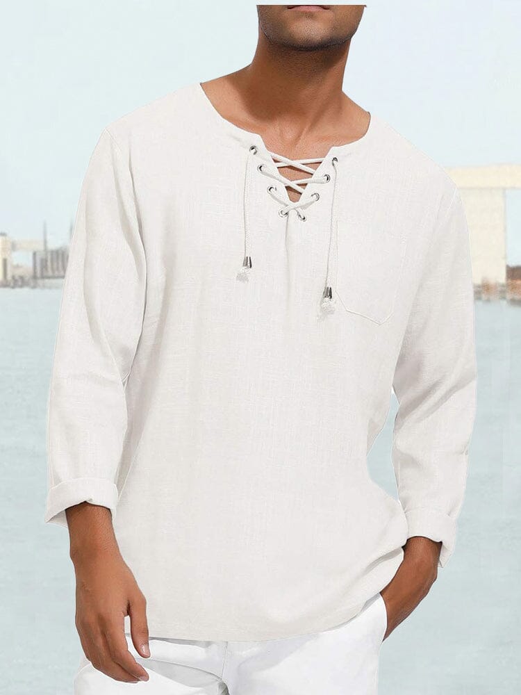 V Neck Cotton Shirt With Pocket Shirts coofandy White S 