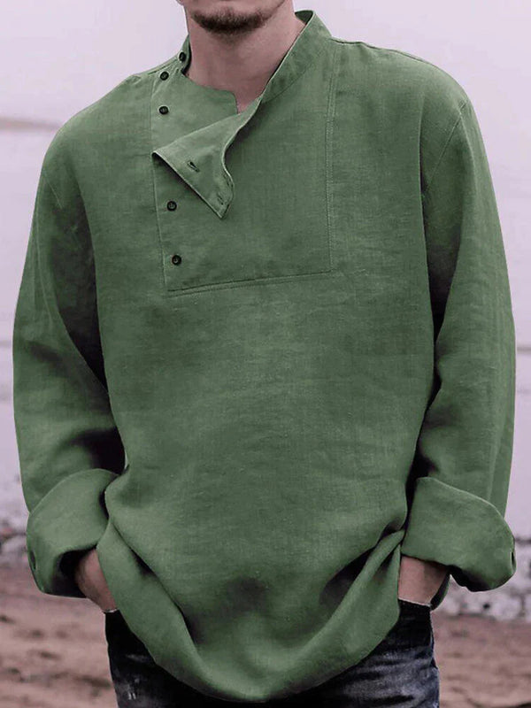 Linen Style Stand Collar Button Top Shirt coofandystore Green S 