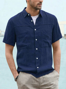 Linen Style Short Sleeve Two Pocket Shirt coofandystore Navy Blue S 